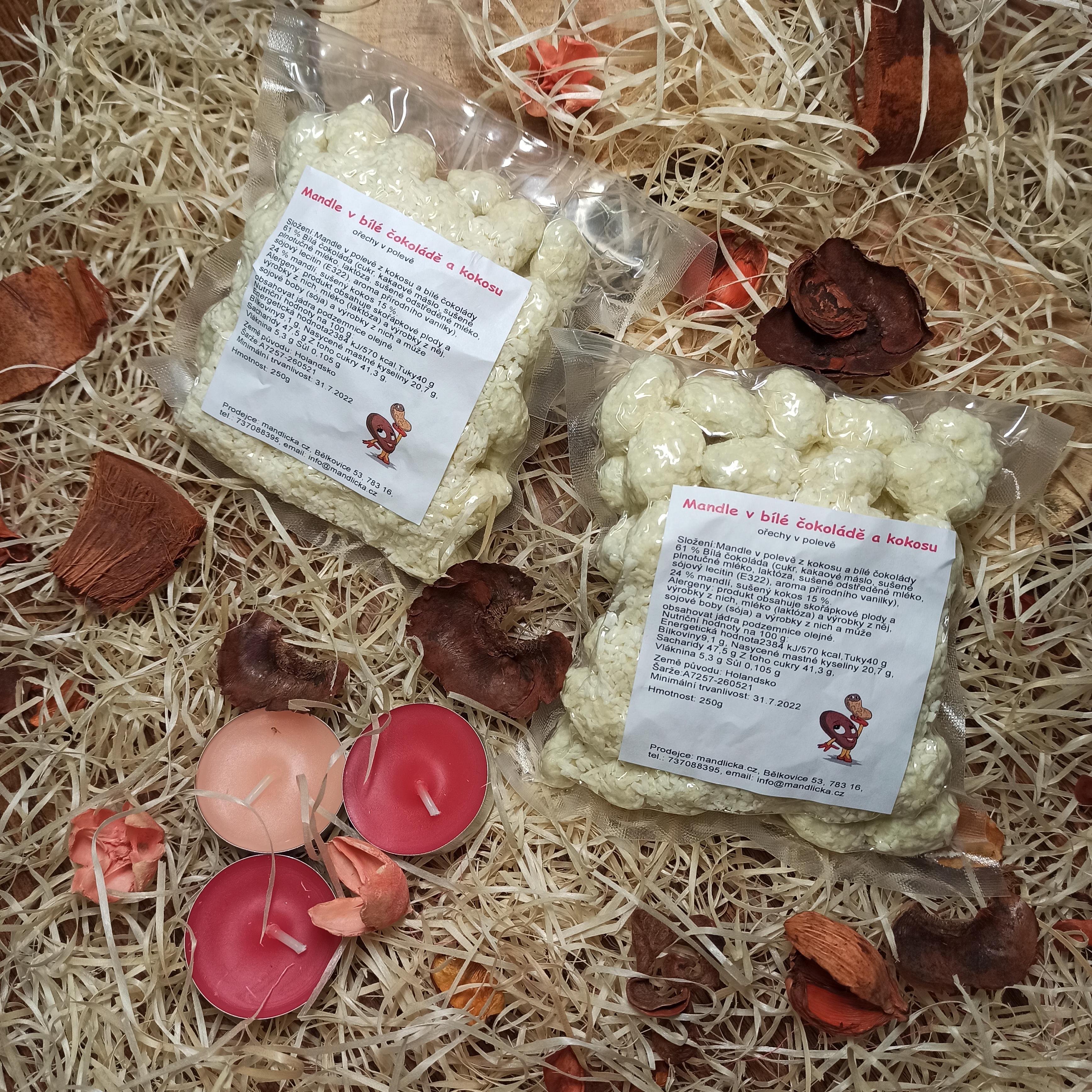 Mandle v polevě z kokosu a bílé čokolády 250g